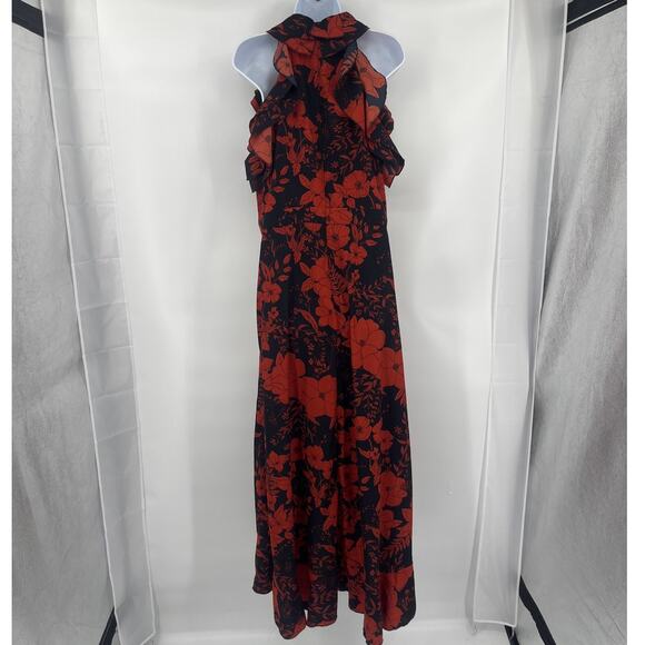 PrettyLittleThing Maxi Wrap Dress Sz 12 Blue Floral Ruffle Halter Fairy Grunge - Picture 7 of 13